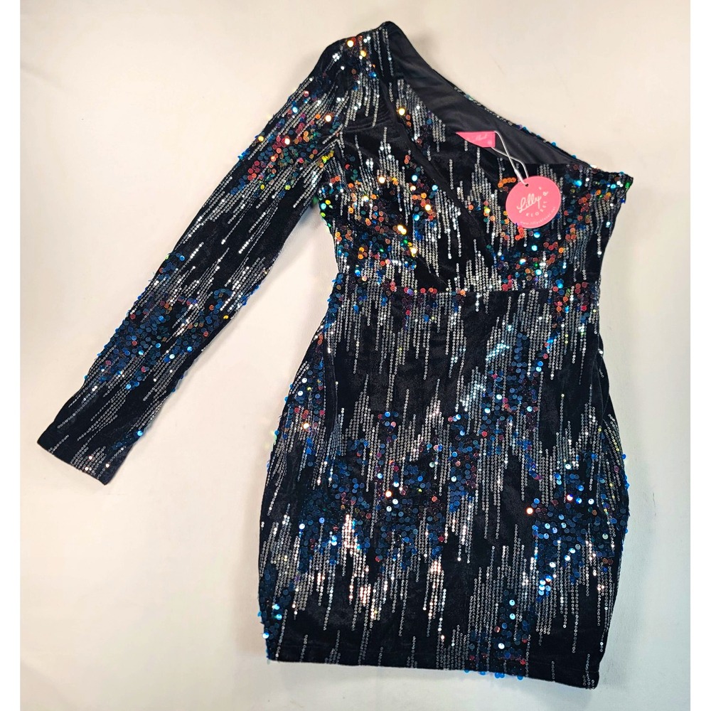 Lilly's Kloset Sequin Mini Dress M One Shoulder Velvet NYE Disco Party NWT